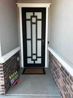 Satin black Artisan security door with pathway pattern and stainless mesh for visibility