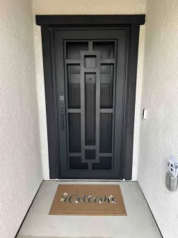 Black Artisan security door with pathway design and durable mesh installed on front entry