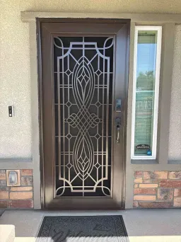 Statuary bronze Artisan security door with delta pattern and breathable security mesh