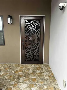 Copper vein Artisan security door with spring song pattern and decorative mesh entry