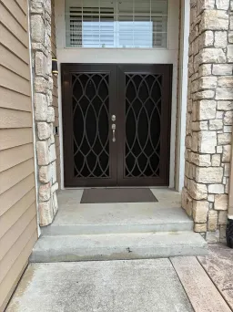 Statuary bronze Artisan security door with valence design and stainless steel mesh