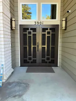 Statuary bronze Artisan security door with stained glass inspired pattern and mesh