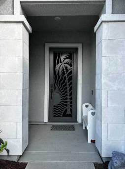 Island design Artisan security door in grey with full-view mesh for airflow and visibility