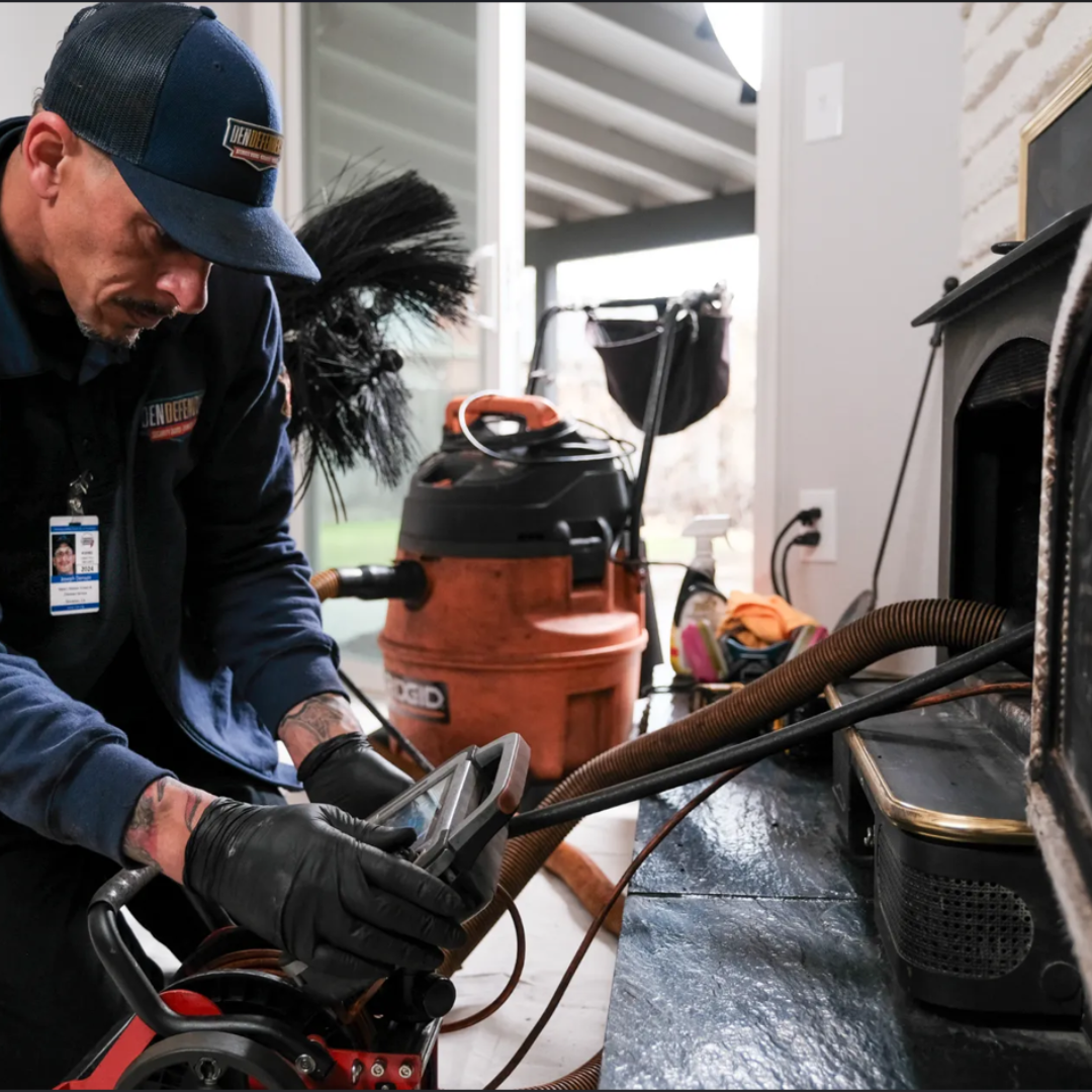 Fireplace technician inspecting fireplace and chimney components with professional equipment