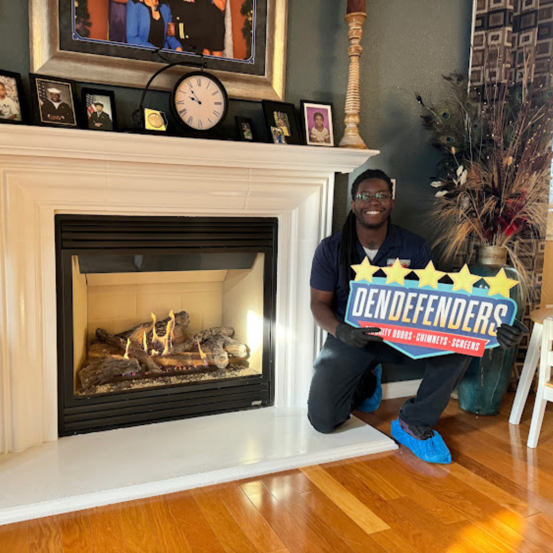 Den Defenders Chimney & Fireplace Service technician beside a residential fireplace after repair service.